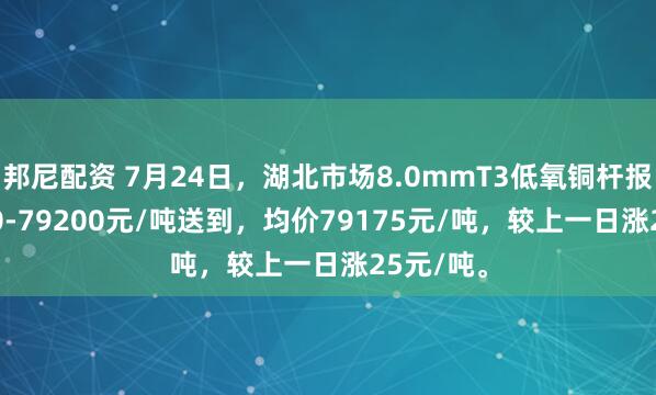 邦尼配资 7月24日，湖北市场8.0mmT3低氧铜杆报价79150-79200元/吨送到，均价79175元/吨，较上一日涨25元/吨。