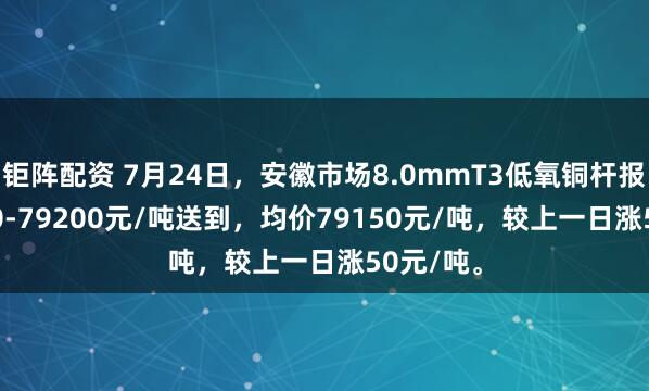 钜阵配资 7月24日，安徽市场8.0mmT3低氧铜杆报价79100-79200元/吨送到，均价79150元/吨，较上一日涨50元/吨。